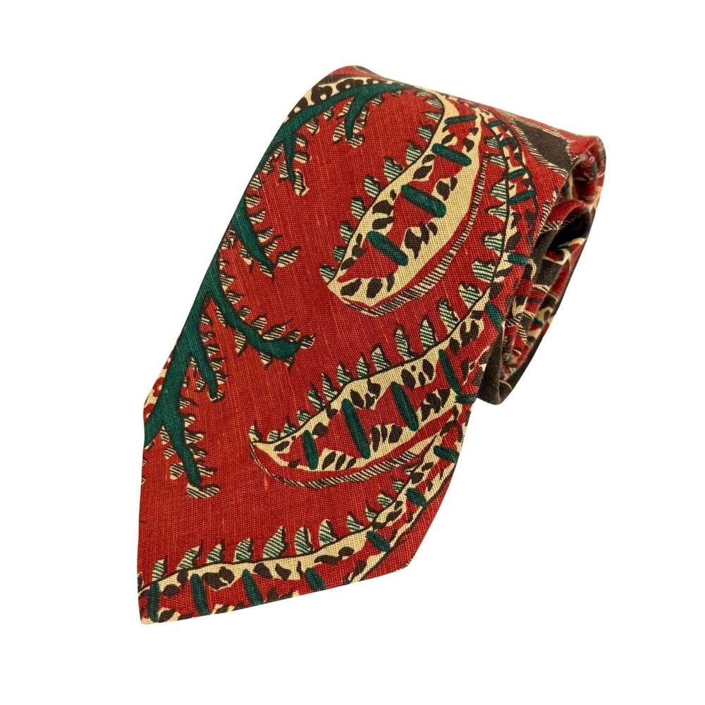 Polo Ralph Lauren Vintage Brick Red Green Brown Paisley Pattern Linen Cotton Tie